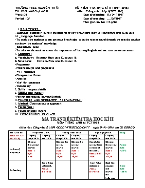 Ma trận và đề kiểm tra học kỳ II môn Tiếng Anh Lớp 6 - Năm học 2017-2018 - Trường THCS Nguyễn Trãi (Có đáp án)